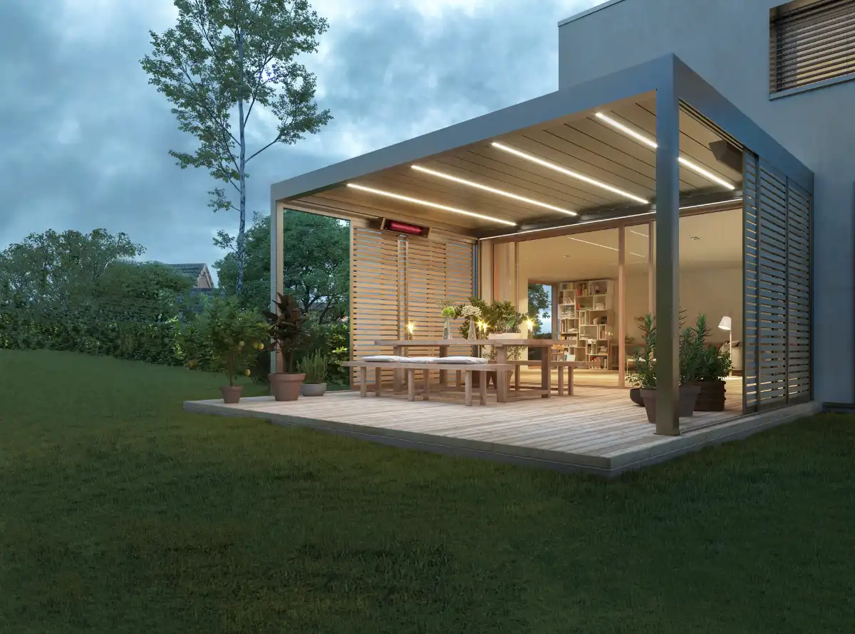 Stilvolles Lamellendach mit Beleuchtung und Seitenelementen Moderne Terrassenüberdachung mit Beleuchtung