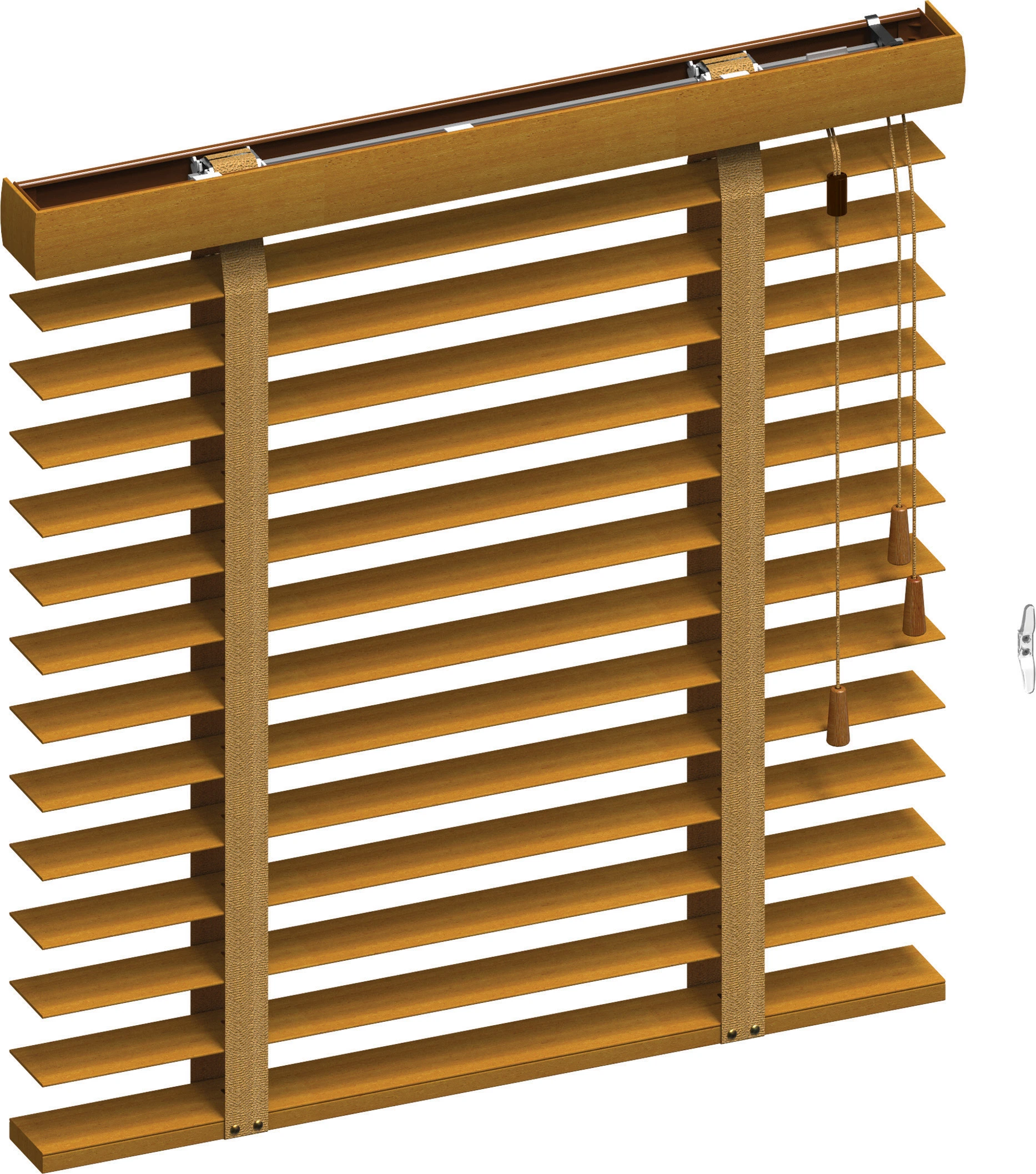 Detailaufnahme einer Jalousie mit grauem Zugseil und Stoffband